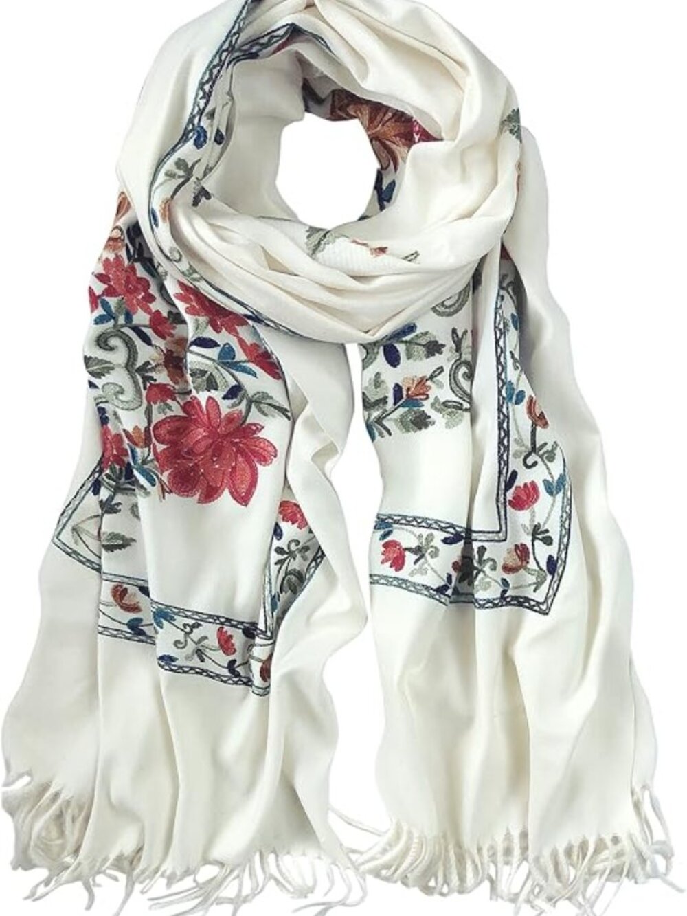 Women's Long Embroidered Shawl – Oversized Scarf Wrap with Tassel Detail